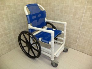 A pool and shower wheelchair with a blue mesh seat.